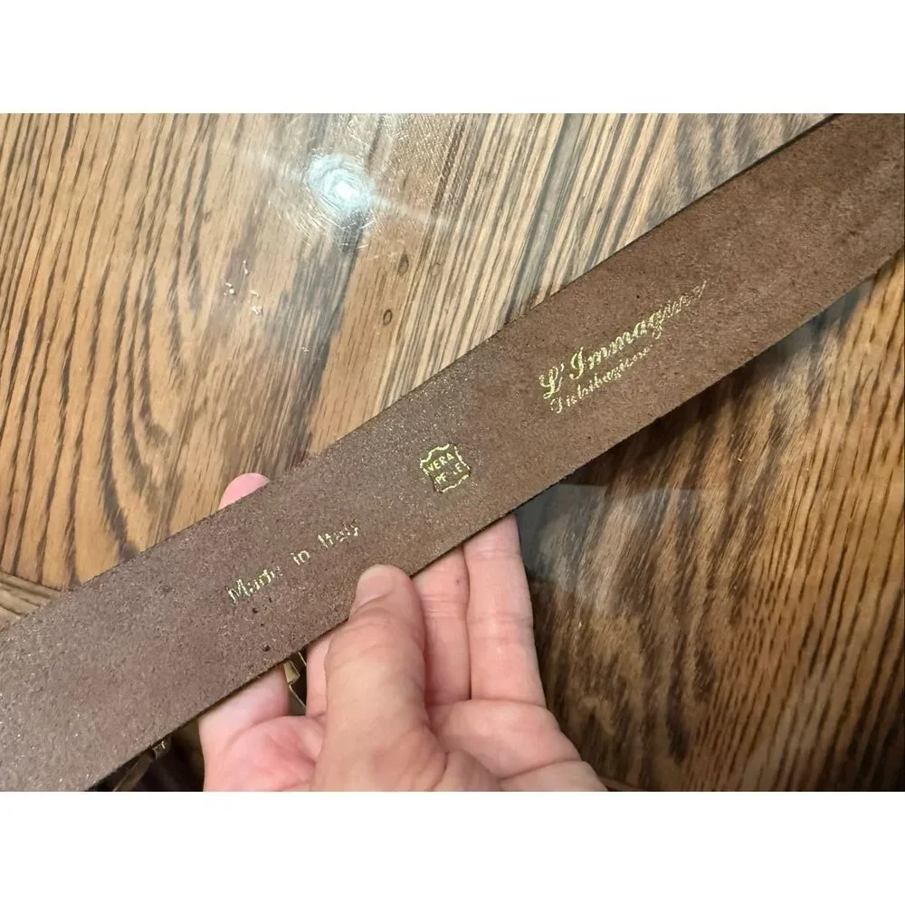 L'‎ Immagin Brown Crackle Leather Rectangular Gold Polished Buckle Belt Size 34